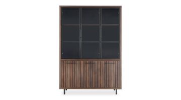 Vitrinekast Tenino met drie glazen deuren en drie houten deuren, donkerbruin met retro design.