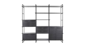 Pronto Wonen Wandkast Sistema zwart, strak ontwerp met open vakken en gesloten opbergruimtes.