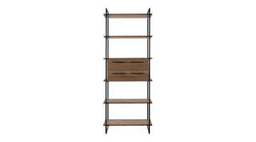 Wandkast Sistema Dark Mango met strakke metalen frames en houten planken, voorzien van twee brede lades.