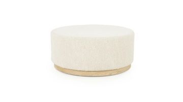 Poef Avah Large in Beige Mantz met ronde vorm en stevige houten basis.