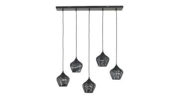 Bendigo hanglamp in matzwart met vijf geweven metalen lampenkappen.