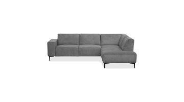 Hoekbank Almsta in grijze gemêleerde stof met zwarte poten, frontaal gefotografeerd tegen witte achtergrond.