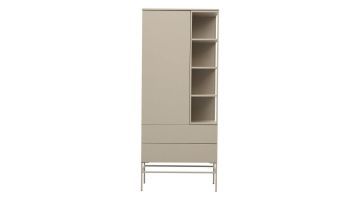 Trendhopper wandkast Desio in Stone Grey, gezien van voren met open en gesloten vakken en metalen pootconstructie.