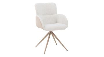 Eetkamerstoel Ruby van Bert Plantagie in witte stof met latte onderstel, organisch design en afgeronde vormen.