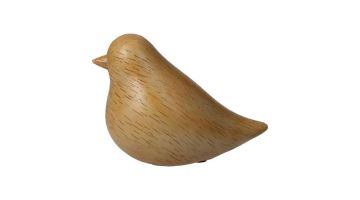 Houten vogelornament van Kersten in naturel kleur, zijaanzicht met zicht op de ronde vormen en houtnerfstructuur.
