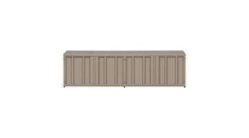 Vooraanzicht van het WOOOD Level tv-meubel in zandkleur met vier deurtjes en een strak metalen design.