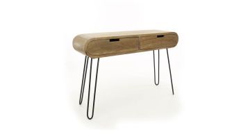 Kaptafel Barrel van massief mangohout met twee lades en zwart metalen hairpin-poten, gefotografeerd op een witte achtergrond.