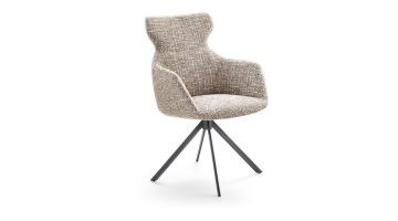 Eetkamerstoel Dutchz 2209 in beige gemêleerde stof met zwarte metalen vierpoot, schuin van voren gefotografeerd tegen witte achtergrond.