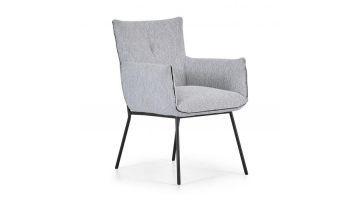 Lichtgrijze Montèl Harmony eetkamerstoel met zwarte poten, schuin van voren gefotografeerd voor een driedimensionaal beeld.