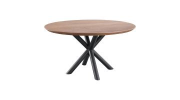 Ronde eettafel Taranto Ø140 cm met bruin eiken blad en zwart metalen matrixpoot van ronde buis, schuin van voren