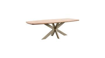 Deens ovale eettafel Taranto 240 cm in naturel eiken met champagnekleurige matrixpoot, schuin van voren gefotografeerd op witte achtergrond