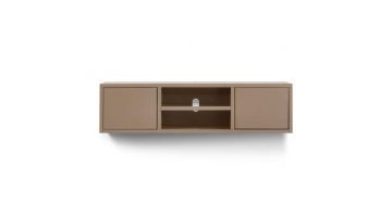 TV-meubel Nerano Small in de kleur schors tegen een witte achtergrond. Het meubel heeft een strak, zwevend ontwerp met twee deuren en open vakken met kabeldoorvoer.