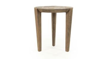 Ronde bijzettafel Davina van mangohout, volledig in beeld met drie taps toelopende poten.