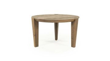 Ronde salontafel Davina van mangohout met drie schuingeplaatste poten, frontaal gefotografeerd op witte achtergrond.