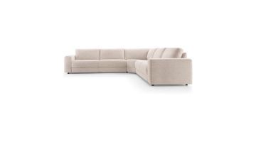  Baenks Hoekbank Aura Linnen in royale L-vorm, bekleed met zachte stof en zwarte poten.