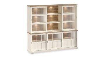 Eldora wandkast wit met houten bovenblad, vijf glazen schuifdeuren en drie open vakken, voorzien van LED-verlichting voor woonkamer.