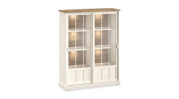 Vitrinekast Eldora wit met houten bovenblad, twee glazen schuifdeuren en LED-verlichting, stijlvol en praktisch voor woonkamerinrichting.