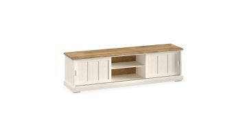 Tv-meubel Eldora in wit met bruine houtlook, voorzien van schuifdeuren en open vakken met legplank.