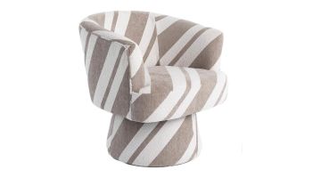 Nora fauteuil van COCOmaison met draaivoet en cone poot, bekleed in beige-taupe stof met speels gestreept patroon, schuin van voren.