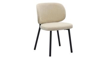 Eetkamerstoel Udine Linen met zwarte metalen poten en beige polyester bekleding, vooraanzicht op witte achtergrond.