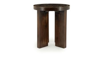 Ronde bijzettafel By-Boo TiledUp van donkerbruin mangohout met keramieken tegelblad en stevig houten onderstel.