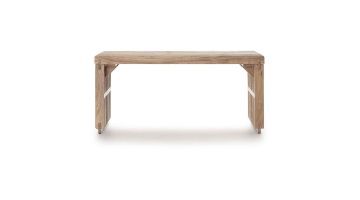 Lino bankje van COCOmaison in naturel acaciahout, vooraanzicht met lattenstructuur en afgeronde hoeken.