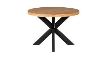 Ronde eettafel Denver Ø110 cm van mangohout met zwarte matrixpoot, schuin vooraanzicht.