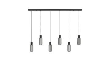 Hanglamp Majone met zes grijze glazen kappen aan zwarte plafondbevestiging, moderne uitstraling en geschikt voor E27 lichtbronnen.