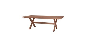 Vrijstaande aluminium picknicktafel in terra kleur met modern design en kruispoten.