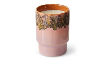 Geurkaars Miami van HKliving met retro keramieken houder in roze en oranje tinten, voorzien van artistieke glazuurafwerking.