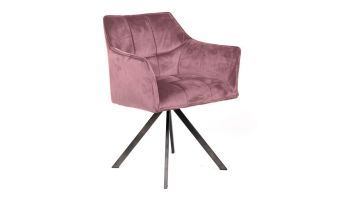 Trendhopper eetkamerstoel Raster met roze velours bekleding en zwart metalen draaivoet, vrijstaand gefotografeerd tegen witte achtergrond.