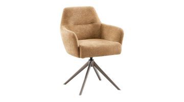 Deze afbeelding toont de eetkamerstoel Bowina in de kleur caramel. De stoel heeft een draaibare zitting met comfortabele armleuningen en een modern onderstel van metalen poten.