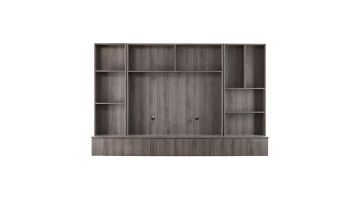 Grote wandkast van INHOUSE uit de Arinta-serie in bruin houtdecor, met open vakken, dichte onderkasten en ruimte voor een wandtelevisie.