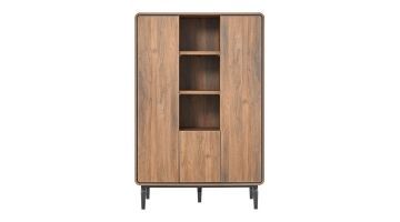 Opbergkast Lagoria in walnoot met gesloten deuren en open middenvakken, staand op zwarte, slanke poten tegen witte achtergrond.