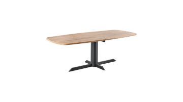 Eettafel Meberia van INHOUSE in walnootkleur met Deens ovale vorm van 200x100 cm, schuin gefotografeerd met zicht op het blad en onderstel.