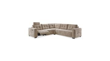 Elektrisch verstelbare hoekbank Moulti in grijsgroene boucléstof met relaxfunctie en verstelbare hoofdsteun.