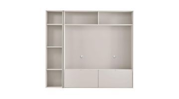 Lichtgrijze INHOUSE kastenwand Arinta zonder decoratie, met open vakken en klepkasten onderin, geschikt als tv-meubel.