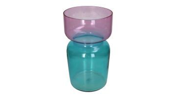 Glazen vaas van Kersten met onderzijde in turquoise en brede paarse bovenrand, formaat 21 x 21 x 35 cm.