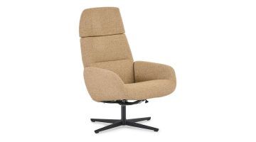 Montèl Ergo Plus fauteuil in warme geeltint met draaibare zwarte poot en vaste hoofdsteun, bekleed met boucléstof Odense.
