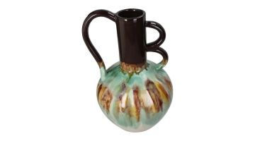 Kleurrijke vaas met groen, bruin en crèmetinten, gemaakt van keramiek en voorzien van twee artistiek gevormde handvatten.