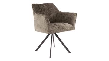 Draaibare eetkamerstoel Raster in taupe met zachte chenille bekleding en zwart metalen sterpoot onderstel.