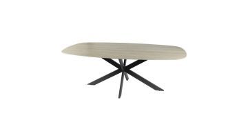 Eetkamertafel Romano Deens Ovaal met licht travertinlook blad en zwart metalen spinpoot, vrijstaand gefotografeerd.