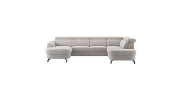 Grote U-vormige Pertina hoekbank in lichte stof met zwarte metalen poten