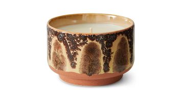 Geurkaars Kyoto in bruin-geel keramieken potje met retro glazuurafwerking van HK Living.