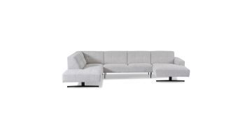 Montèl Traffic u-bank in Lodge Linen stof, vooraanzicht met gecapitonneerde kussens en zwarte metalen poten.