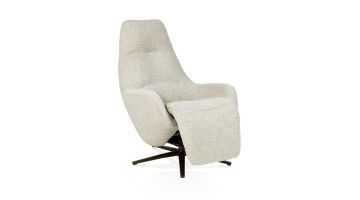 Relaxfauteuil Arco in groene boucléstof met metalen steelbrown onderstel, gezien schuin van voren.