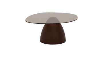 Salontafel Mara 85 cm met bruin glazen blad en bordeaux stalen poot, ovaal design op witte achtergrond.