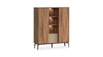 Modulaire wandkast met open vakken en gesloten eiken elementen in modern interieur