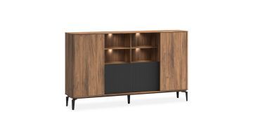 Lodetto opbergkast in houtlook met zwarte details, vier open niches met LED-verlichting en slanke poten.