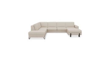 Designsofa Denver in beige stof met loungegedeelte en zwarte designpoten, vooraanzicht.